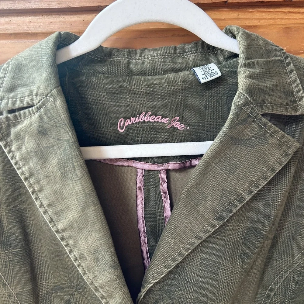 Caribbean Joe Jacket Army Green Floral‎ print 100% Cotton Women's Size 10